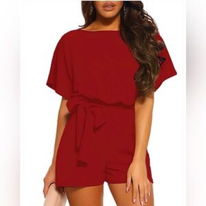 Yijiu Casual Boat Neck Short Sleeve Red Romper Playsuit NWT